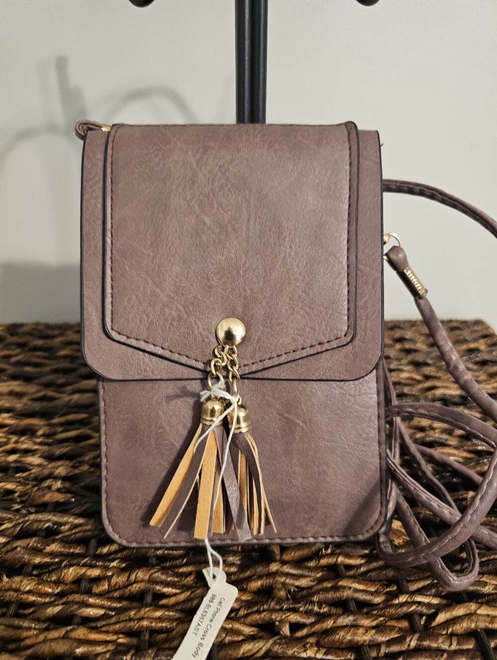 Women's Small Crossbody Phone Bag with Tassel Accent - Brown